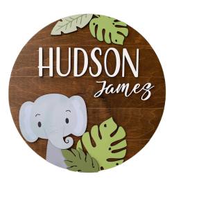 Little Critters Nursery Name Sign – Elephant Jungle Leaves
