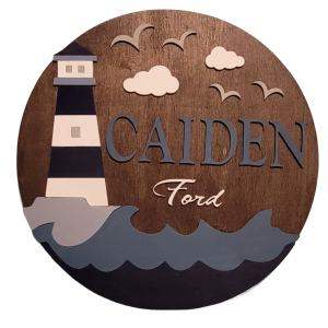 Nautical Nursery Name Sign – Lighthouse & Ocean Waves
