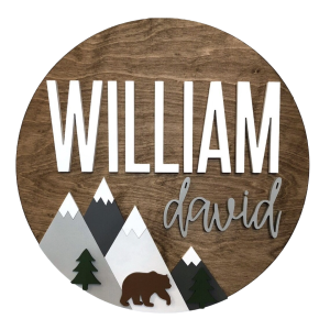 Woodland Nursery Name Sign with Bold Mountains & Bear