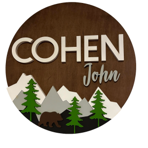 Woodland Nursery Name Sign with Bear & Mountains (Dark Wood)