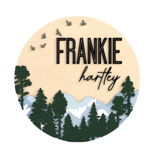 Woodland Nursery Name Sign with Forest, Mountains & Birds