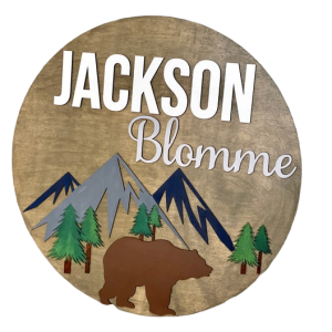 Woodland Nursery Name Sign with Mountains, Bear & Forest