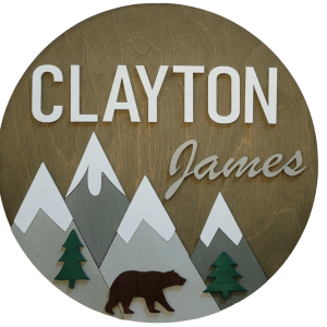 Woodland Nursery Name Sign with Mountains, Bear & Trees